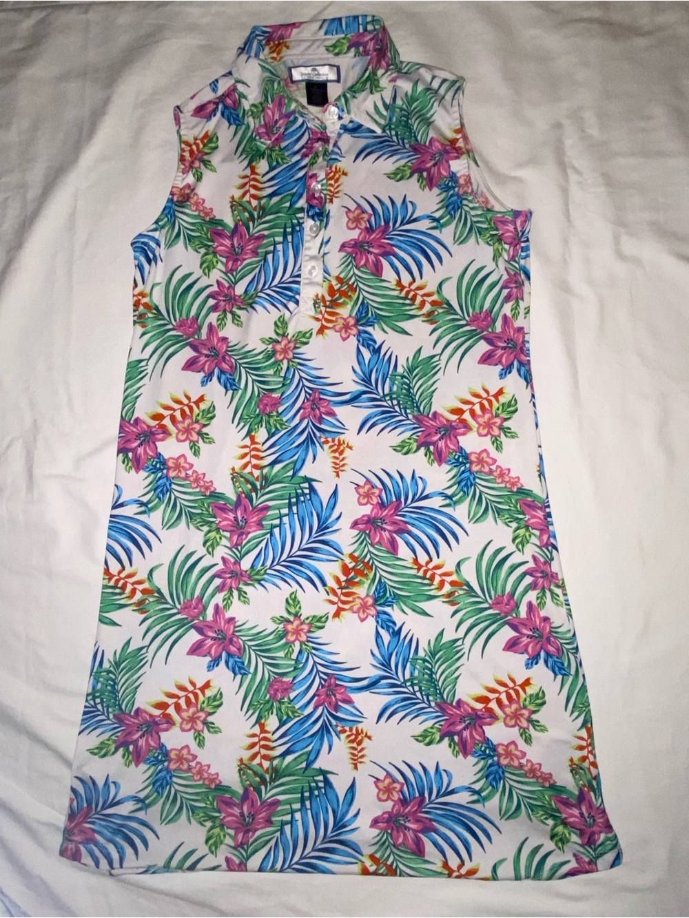 Sleeveless Tropical Print Polo Dress - White/Multi